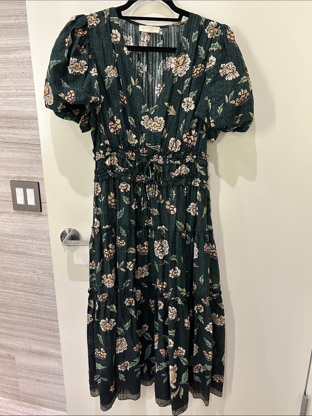 Ulla Johnson Dark Green Floral Puff-Sleeve Midi Dress
